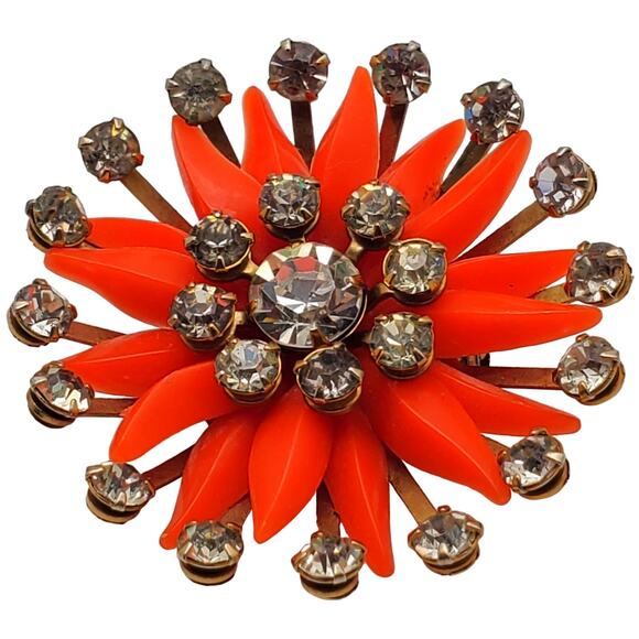 Orange Plastic Brooch Rhinestone Sunburst Pin Star Petal Flower Vintage 1960s - Picture 4 of 4